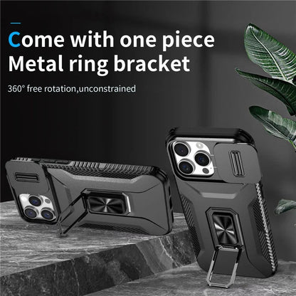 For iPhone 16 Pro Case Kickstand TPU+PC Phone Cover with Slide Lens Shield
