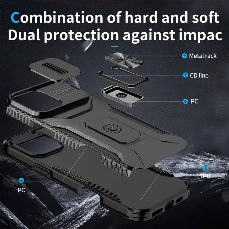 For iPhone 16 Pro Case Kickstand TPU+PC Phone Cover with Slide Lens Shield