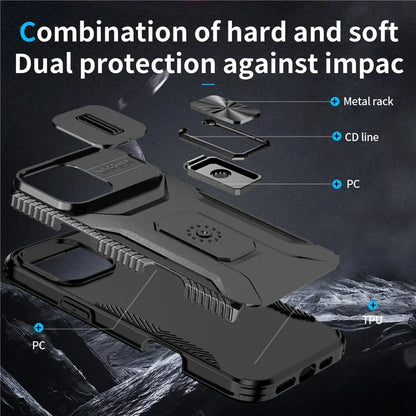 For iPhone 16 Pro Case Kickstand TPU+PC Phone Cover with Slide Lens Shield