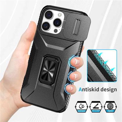 For iPhone 16 Pro Case Kickstand TPU+PC Phone Cover with Slide Lens Shield
