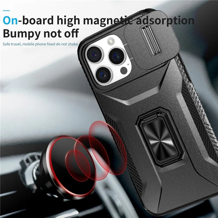 For iPhone 16 Pro Case Kickstand TPU+PC Phone Cover with Slide Lens Shield