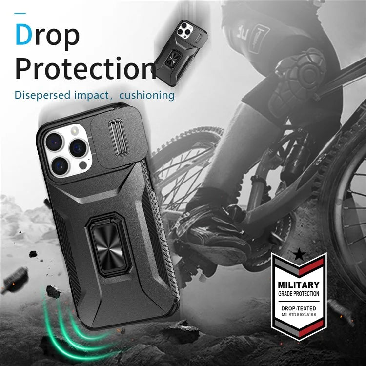 For iPhone 16 Pro Case Kickstand TPU+PC Phone Cover with Slide Lens Shield