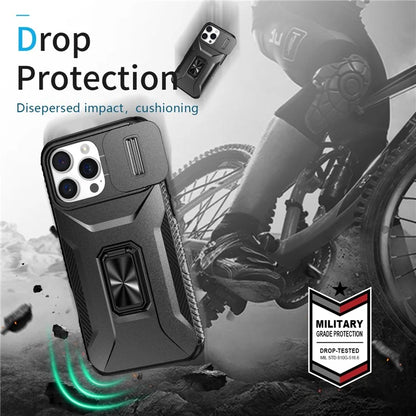 For iPhone 16 Pro Case Kickstand TPU+PC Phone Cover with Slide Lens Shield