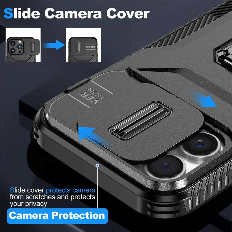 For iPhone 16 Pro Case Kickstand TPU+PC Phone Cover with Slide Lens Shield