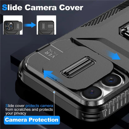 For iPhone 16 Pro Case Kickstand TPU+PC Phone Cover with Slide Lens Shield