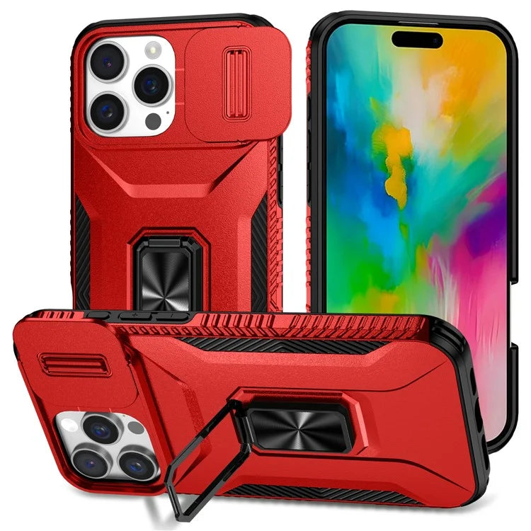 For iPhone 16 Pro Case Kickstand TPU+PC Phone Cover with Slide Lens Shield