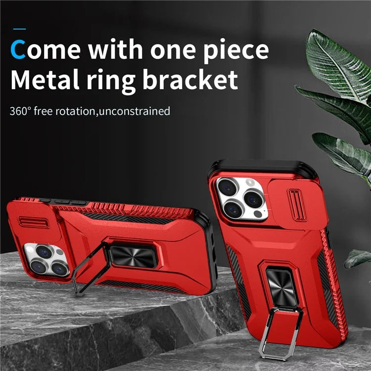 For iPhone 16 Pro Case Kickstand TPU+PC Phone Cover with Slide Lens Shield