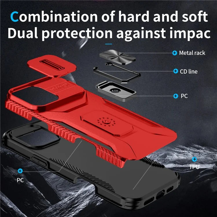 For iPhone 16 Pro Case Kickstand TPU+PC Phone Cover with Slide Lens Shield