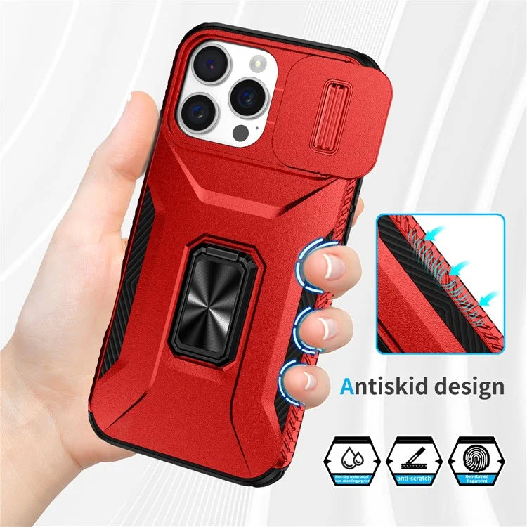 For iPhone 16 Pro Case Kickstand TPU+PC Phone Cover with Slide Lens Shield