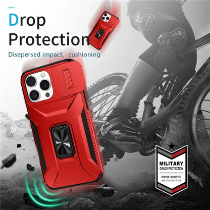 For iPhone 16 Pro Case Kickstand TPU+PC Phone Cover with Slide Lens Shield
