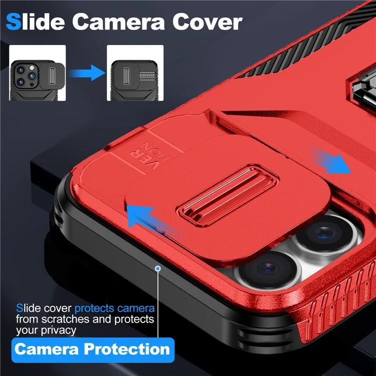 For iPhone 16 Pro Case Kickstand TPU+PC Phone Cover with Slide Lens Shield