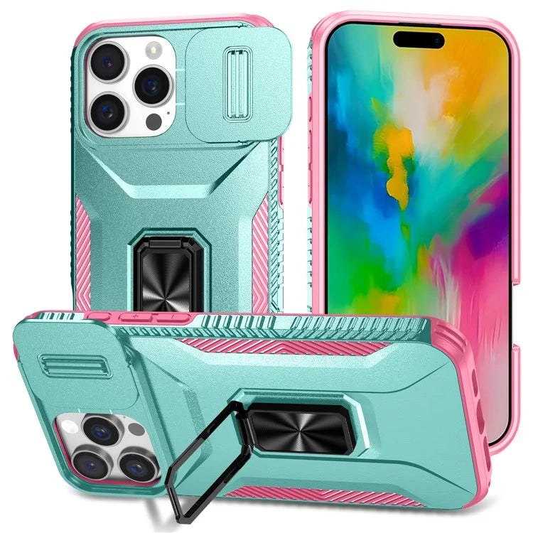 For iPhone 16 Pro Case Kickstand TPU+PC Phone Cover with Slide Lens Shield