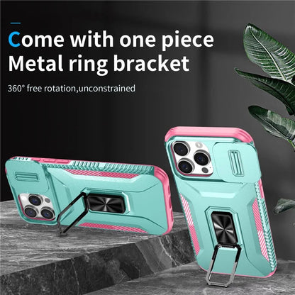 For iPhone 16 Pro Case Kickstand TPU+PC Phone Cover with Slide Lens Shield