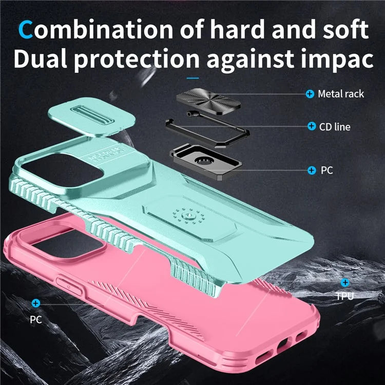 For iPhone 16 Pro Case Kickstand TPU+PC Phone Cover with Slide Lens Shield