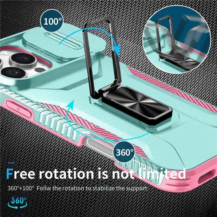 For iPhone 16 Pro Case Kickstand TPU+PC Phone Cover with Slide Lens Shield