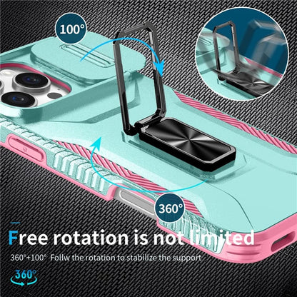 For iPhone 16 Pro Case Kickstand TPU+PC Phone Cover with Slide Lens Shield