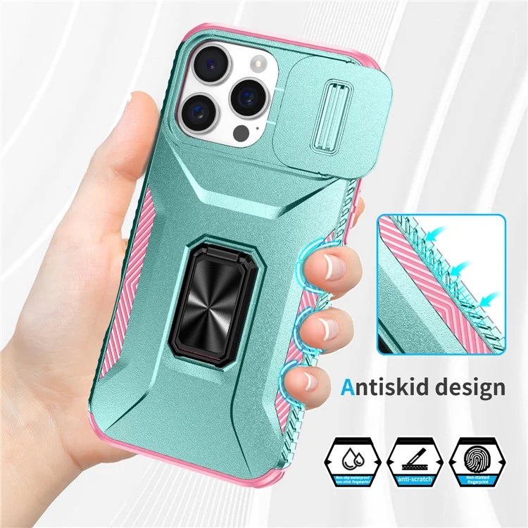 For iPhone 16 Pro Case Kickstand TPU+PC Phone Cover with Slide Lens Shield