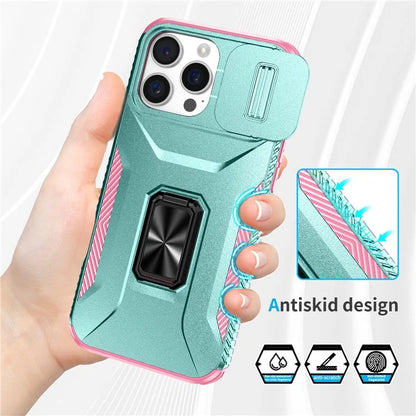 For iPhone 16 Pro Case Kickstand TPU+PC Phone Cover with Slide Lens Shield