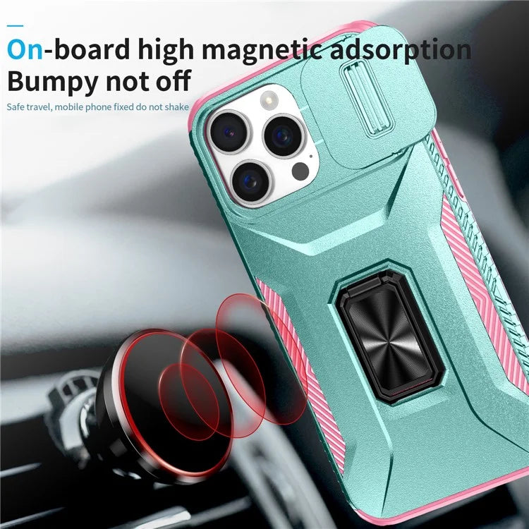 For iPhone 16 Pro Case Kickstand TPU+PC Phone Cover with Slide Lens Shield