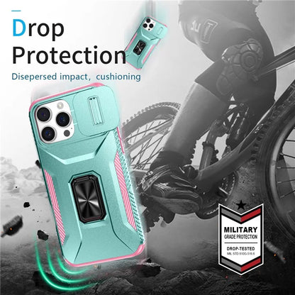 For iPhone 16 Pro Case Kickstand TPU+PC Phone Cover with Slide Lens Shield