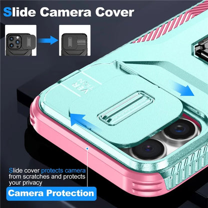 For iPhone 16 Pro Case Kickstand TPU+PC Phone Cover with Slide Lens Shield