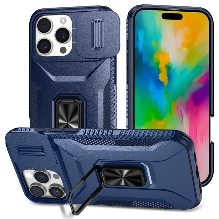 For iPhone 16 Pro Case Kickstand TPU+PC Phone Cover with Slide Lens Shield