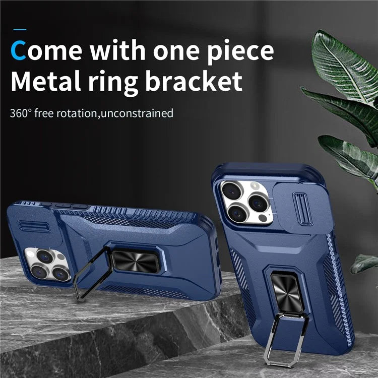 For iPhone 16 Pro Case Kickstand TPU+PC Phone Cover with Slide Lens Shield
