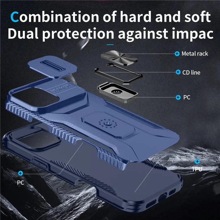 For iPhone 16 Pro Case Kickstand TPU+PC Phone Cover with Slide Lens Shield