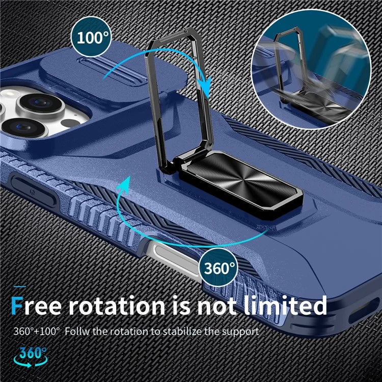 For iPhone 16 Pro Case Kickstand TPU+PC Phone Cover with Slide Lens Shield