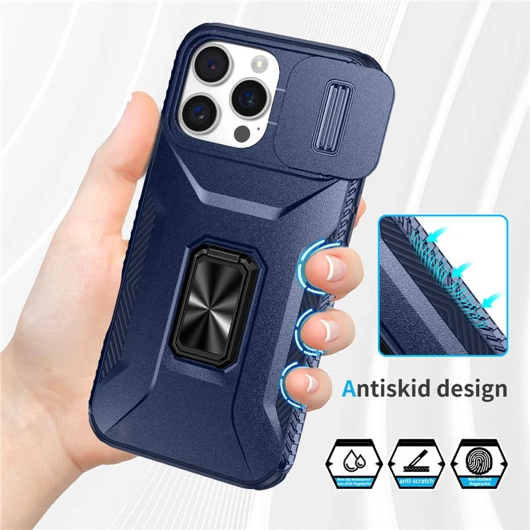For iPhone 16 Pro Case Kickstand TPU+PC Phone Cover with Slide Lens Shield