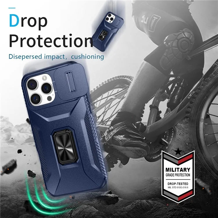 For iPhone 16 Pro Case Kickstand TPU+PC Phone Cover with Slide Lens Shield