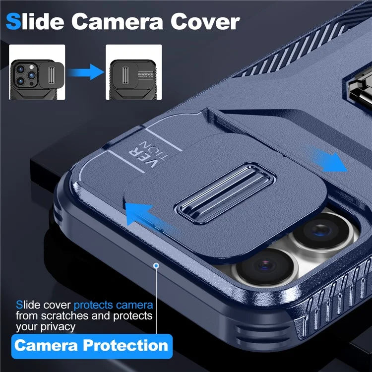 For iPhone 16 Pro Case Kickstand TPU+PC Phone Cover with Slide Lens Shield