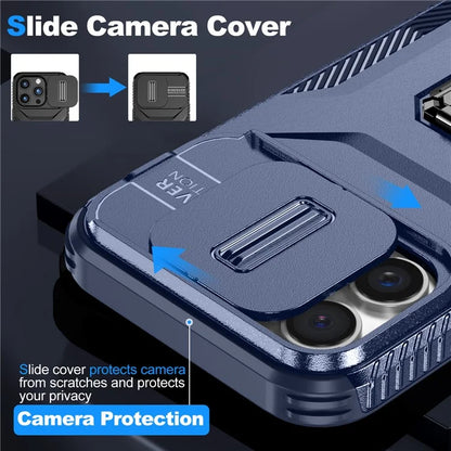 For iPhone 16 Pro Case Kickstand TPU+PC Phone Cover with Slide Lens Shield