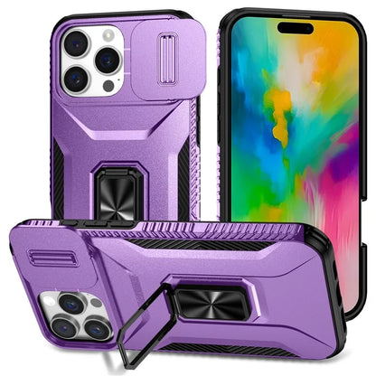 For iPhone 16 Pro Case Kickstand TPU+PC Phone Cover with Slide Lens Shield