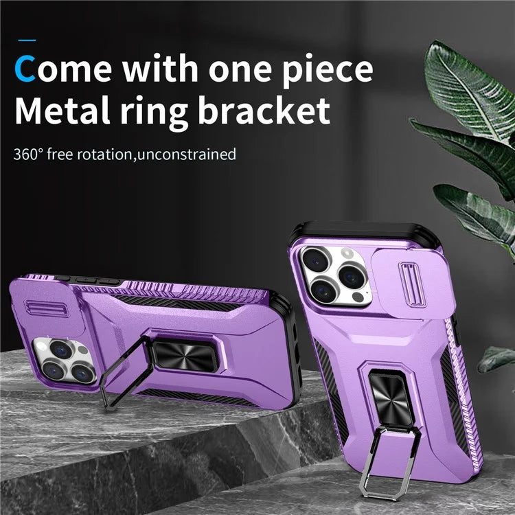 For iPhone 16 Pro Case Kickstand TPU+PC Phone Cover with Slide Lens Shield