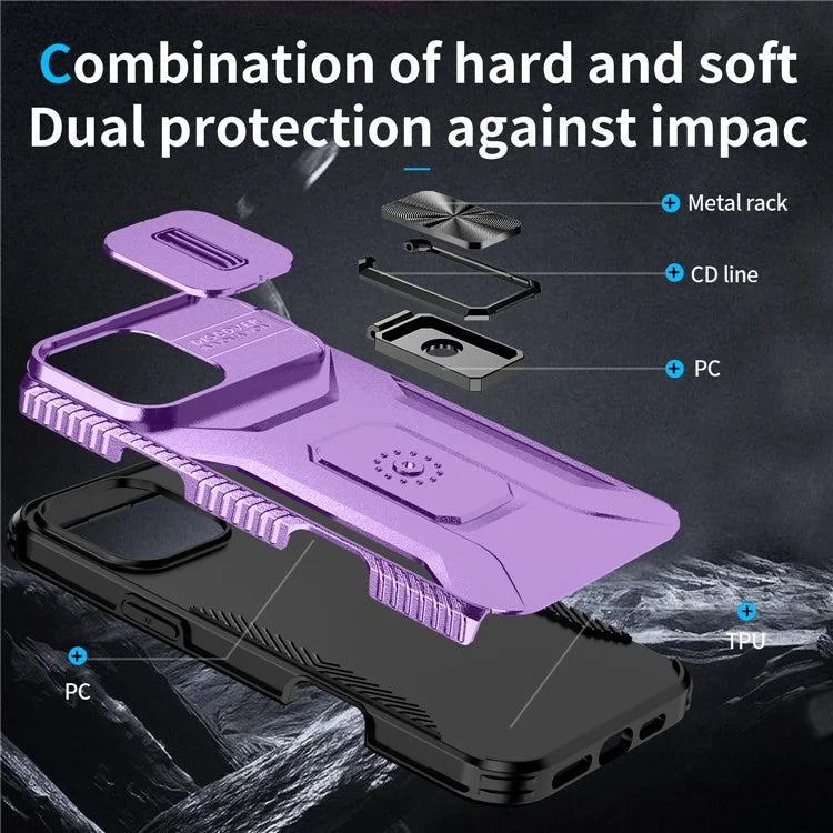 For iPhone 16 Pro Case Kickstand TPU+PC Phone Cover with Slide Lens Shield
