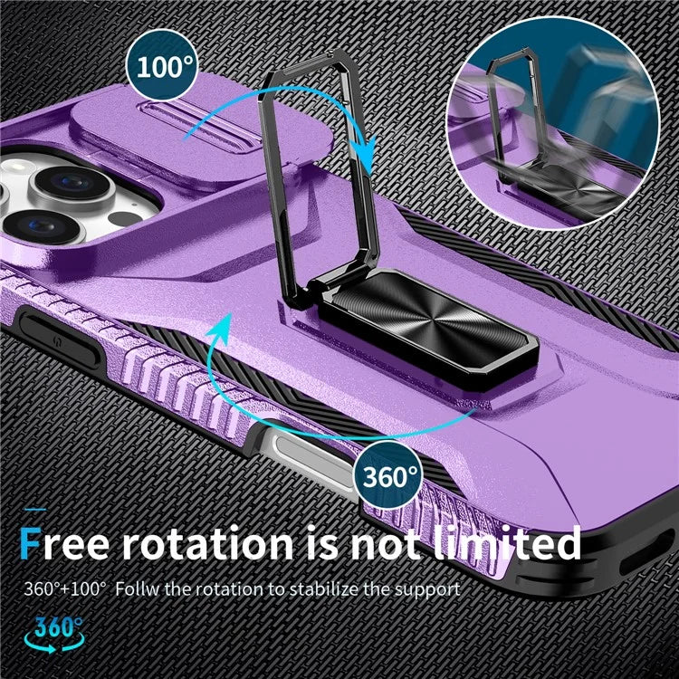 For iPhone 16 Pro Case Kickstand TPU+PC Phone Cover with Slide Lens Shield