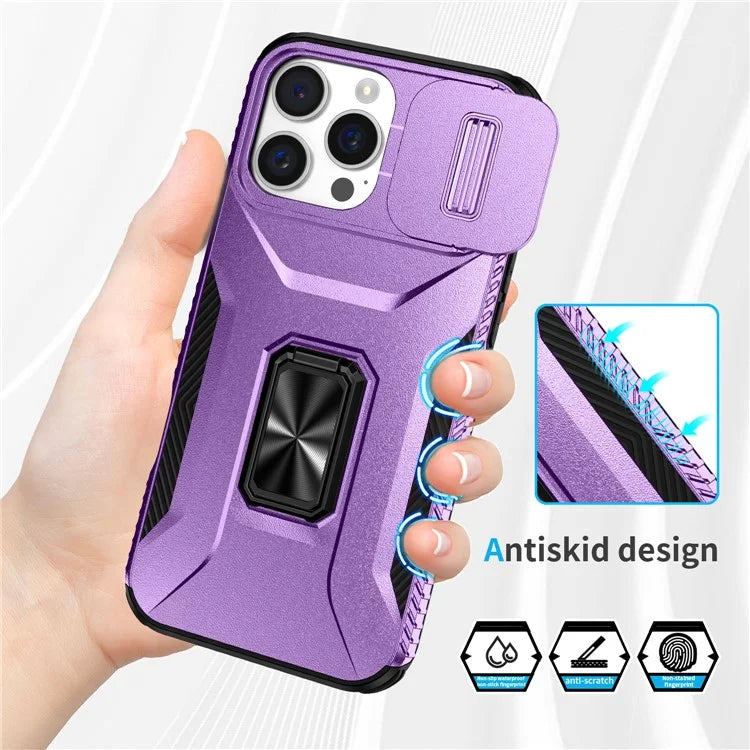 For iPhone 16 Pro Case Kickstand TPU+PC Phone Cover with Slide Lens Shield