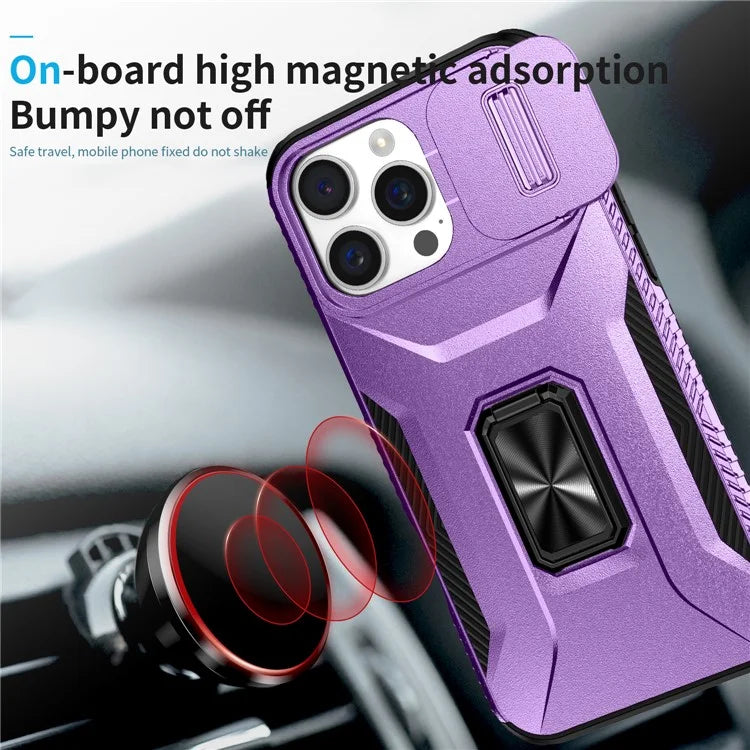 For iPhone 16 Pro Case Kickstand TPU+PC Phone Cover with Slide Lens Shield