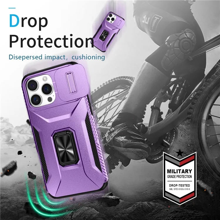For iPhone 16 Pro Case Kickstand TPU+PC Phone Cover with Slide Lens Shield