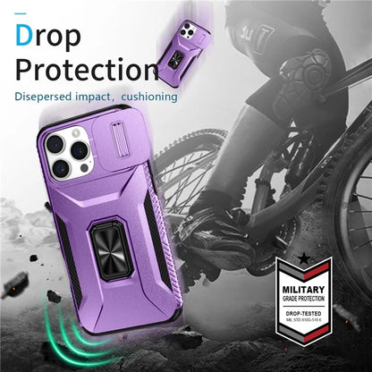For iPhone 16 Pro Case Kickstand TPU+PC Phone Cover with Slide Lens Shield