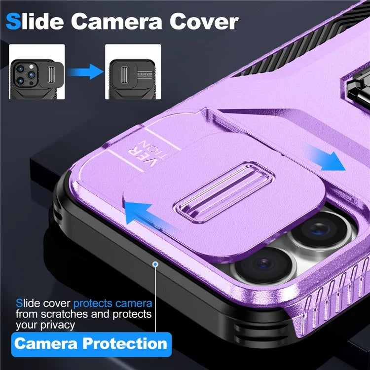 For iPhone 16 Pro Case Kickstand TPU+PC Phone Cover with Slide Lens Shield