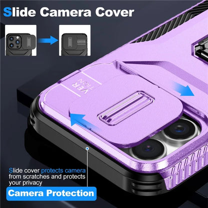 For iPhone 16 Pro Case Kickstand TPU+PC Phone Cover with Slide Lens Shield