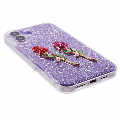 For iPhone 16 Phone Case Sparkle Glitter Rose TPU Acrylic Back Cover