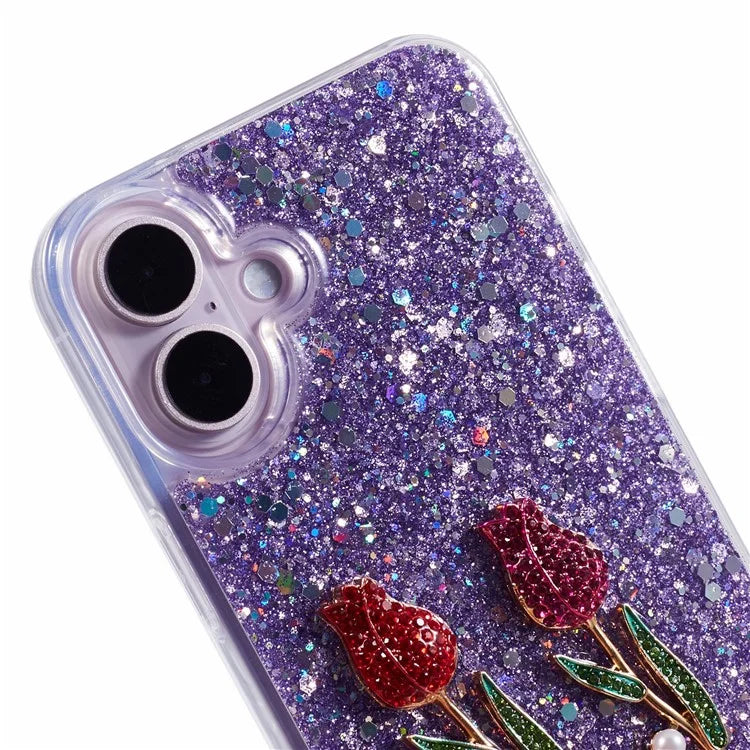 For iPhone 16 Phone Case Sparkle Glitter Rose TPU Acrylic Back Cover