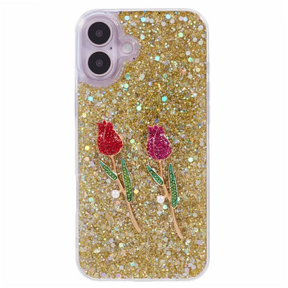 For iPhone 16 Phone Case Sparkle Glitter Rose TPU Acrylic Back Cover