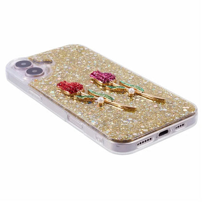 For iPhone 16 Phone Case Sparkle Glitter Rose TPU Acrylic Back Cover
