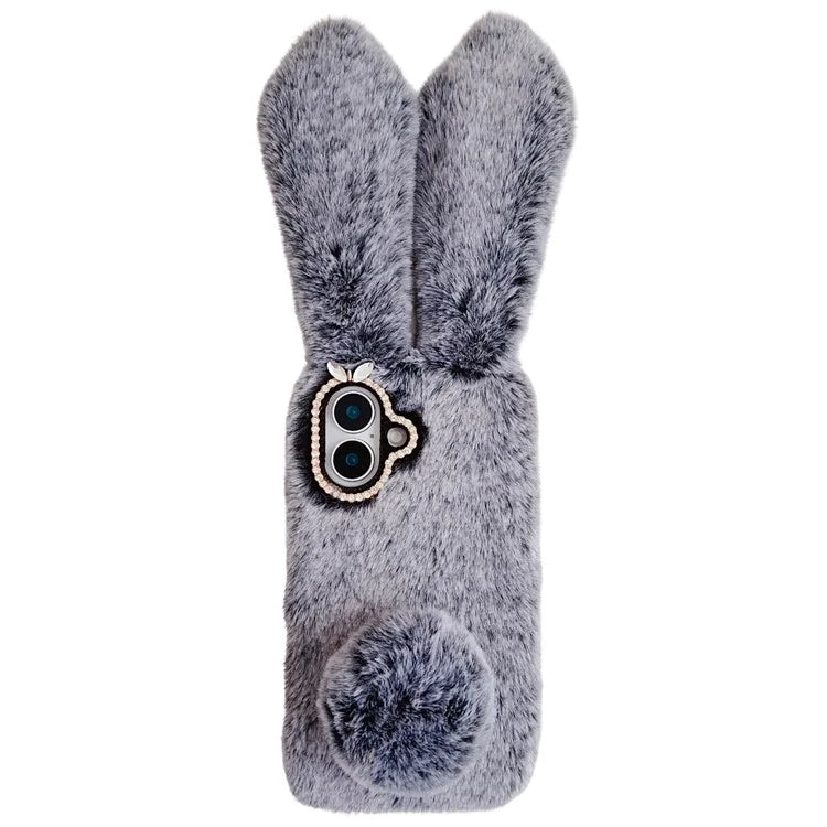 For iPhone 16 Case Bunny Ears Furry Soft Warm TPU Phone Cover