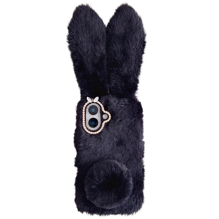 For iPhone 16 Case Bunny Ears Furry Soft Warm TPU Phone Cover