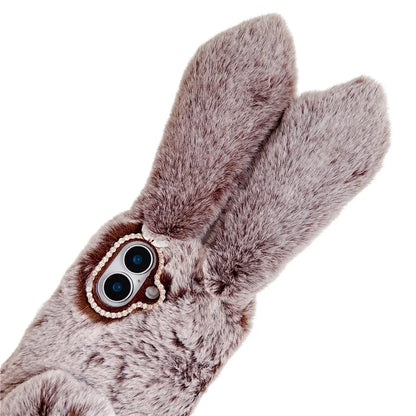 For iPhone 16 Case Bunny Ears Furry Soft Warm TPU Phone Cover